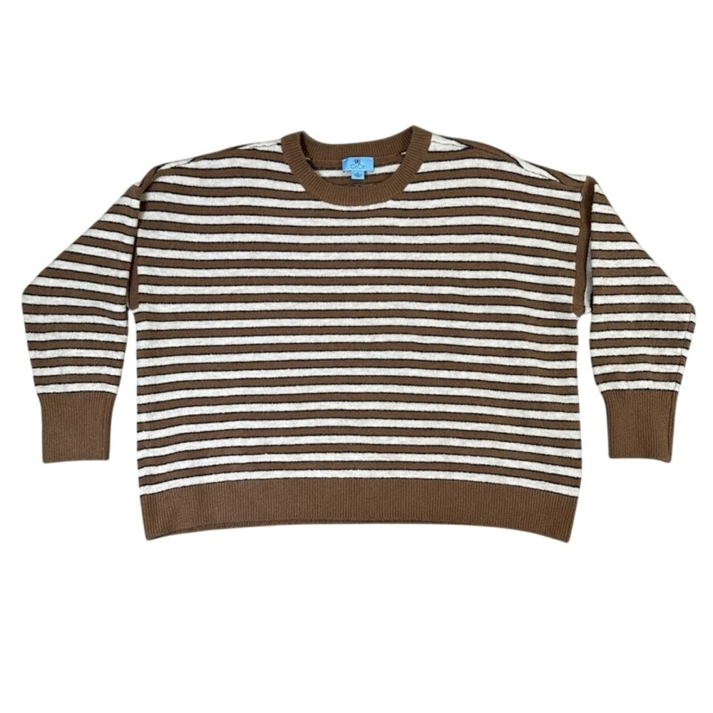 CeCe Womens XL Striped Crewneck Sweater Brown White Ribbed Knit Drop Shoulder